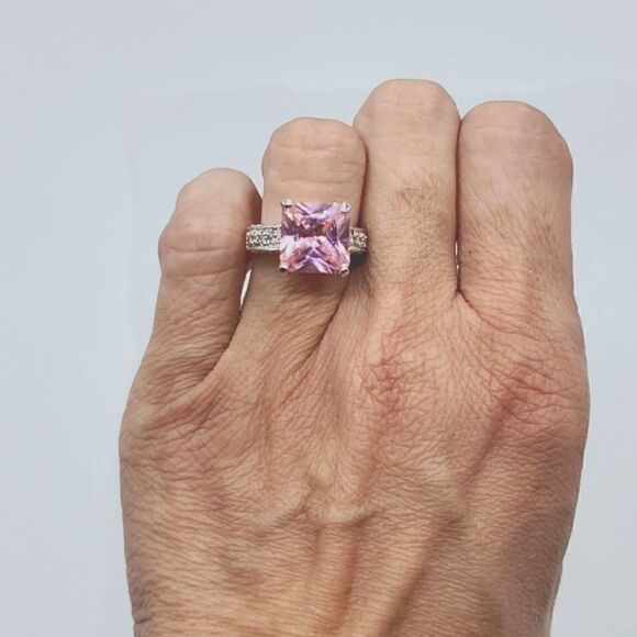 Vintage Sterling Silver Pink Sapphire CZ Princess Cut With Heart Pendant Sz 6 - Picture 4 of 17